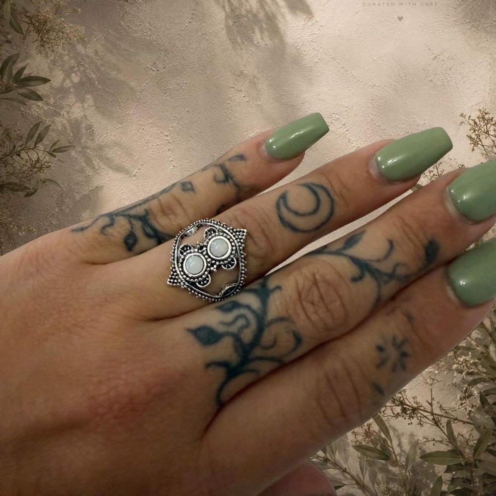 Silver Tone Filigree Ring Size 8 White Stone Boho Statement